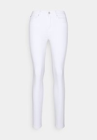 Jeans blancos ajustados hechos de una mezcla de algodón. Presentan cinco bolsillos, cierre frontal con cremallera y botón, y un diseño slim fit.