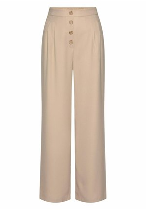 Beige Hose mit hoher Taille und weitem Bein, mit vier vorderen Knöpfen und dezenten Falten, für eine entspannte Passform entworfen.