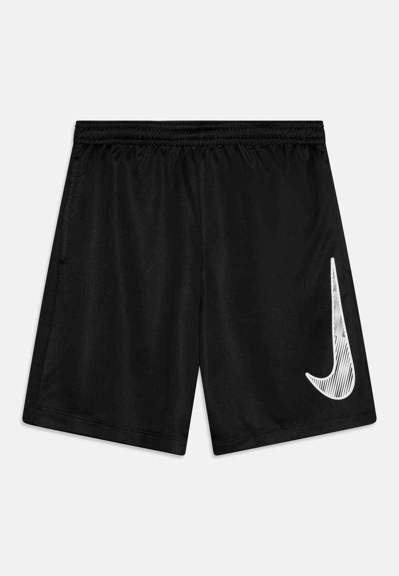 Schwarze Sportshorts aus leichtem Material, mit einem elastischen Bund und einem weißen Nike-Logo auf der linken Seite.