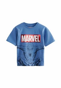 Sininen puuvillapaita, jossa on Spider-Man -grafiikka ja punainen "MARVEL" -logo. Lyhyet hihat, pyöreä kaula-aukko, sileä pinta ja rento leikkaus.