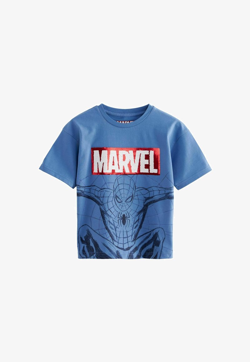 Tricou din bumbac albastru cu un grafic Spider-Man și un logo roșu "MARVEL". Mâneci scurte, guler rotund, textură netedă și croială lejeră.