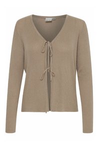 Bežový žebrovaný cardigan s dlouhými rukávy, véčkovým výstřihem a zavazováním vpředu. Měkká textura s přiléhavým střihem.