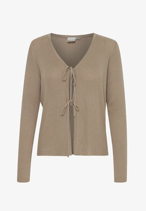 Beige gerippter Cardigan mit langen Ärmeln, V-Ausschnitt und einer Bindeschließe an der Vorderseite. Weiche Textur mit tailliertem Design.