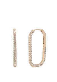 Boucles d'oreilles en forme de cerceau doré, de forme rectangulaire, ornées de cristaux transparents le long des bords, avec un fermoir à charnière sécurisé.