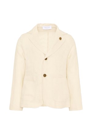 Crèmekleurige damesblazer met reverskraag, twee opgestikte voorzakken en drie decoratieve gouden knopen, waarvan één als broche op de kraag.