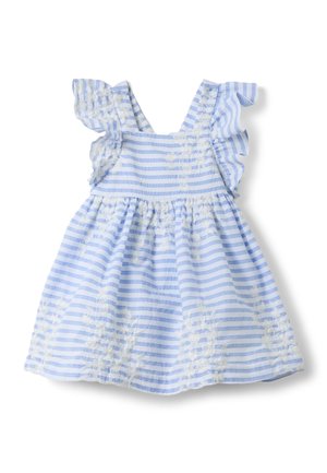 Vestido para niño pequeño a rayas azul y blanco con mangas con volantes y delicado bordado floral blanco.