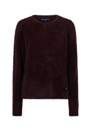Pull à manches longues marron foncé et duveteux, avec col rond et petite étiquette de marque près de l’ourlet inférieur.