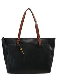 Sac fourre-tout en cuir noir avec poignées synthétiques marron, poche avant, détail de charme clé doré et logo embossé en bas.