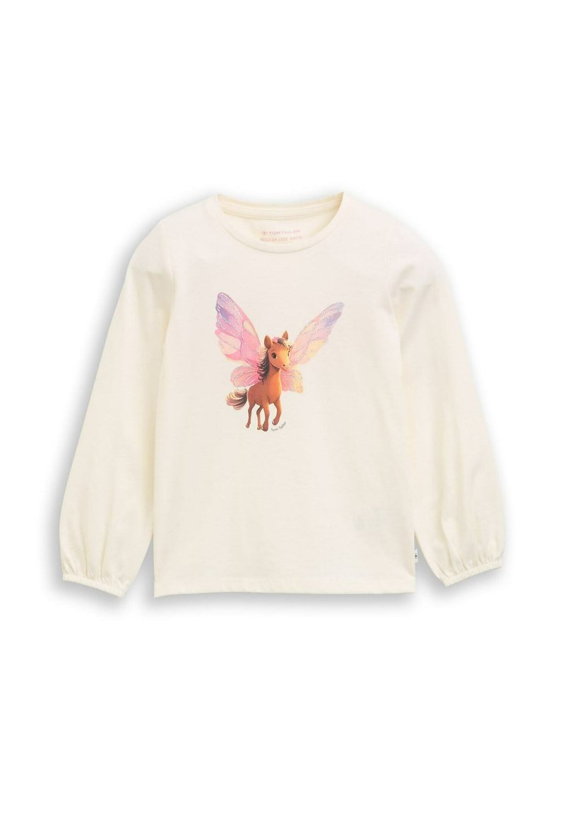 Crèmekleurig shirt met lange mouwen, versierd met een kleurraf grafiek van een paard met vlinderflappen. Gemaakt van zachte stof met geplooide mouwen.