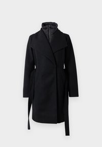Cappotto nero in misto lana con design avvolgente, dotato di un colletto imbottito, maniche lunghe e lacci laterali per una vestibilità regolabile. Tessuto morbido, senza motivo.