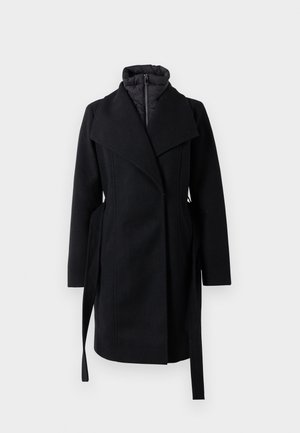 Black wool blend coat with a wrap design, featuring a puffer collar, long sleeves, and side ties for adjustable fit. Soft texture, no pattern.
