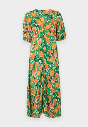 Floral maxi dress with short, puffed sleeves. Features a vibrant green background with orange and pink roses, highlighted by leafy accents.