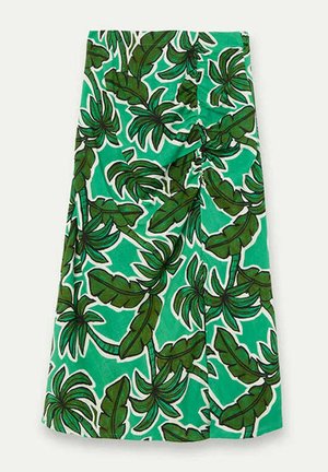 Falda cruzada con estampado de hojas tropicales verdes, detalle de lazo delantero, silueta en línea A y largo hasta la rodilla.