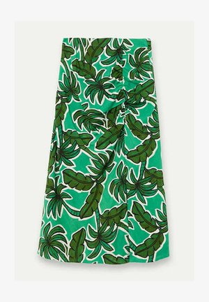 Falda cruzada con estampado de hojas tropicales verdes, detalle de lazo delantero, silueta en línea A y largo hasta la rodilla.