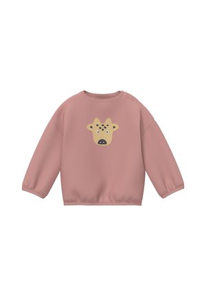 Felpa rosa a maniche lunghe per bambina/o con grafica beige di una testa di giraffa sul davanti e due bottoni vicino allo scollo su una spalla.