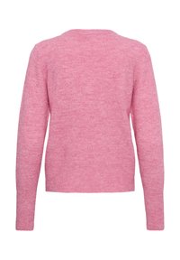 Rozā adīta jakas ar garām piedurknēm un noapaļotu apkakli. Mīksta tekstūra ar smalku, heathered rakstu uz auduma.