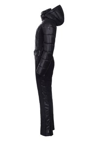 Zwarte puffy skikleding met een capuchon, voorzien van een ceintuur in de taille, strakke zijpanelen en ritsen op de benen. Gladde, glanzende textuur.