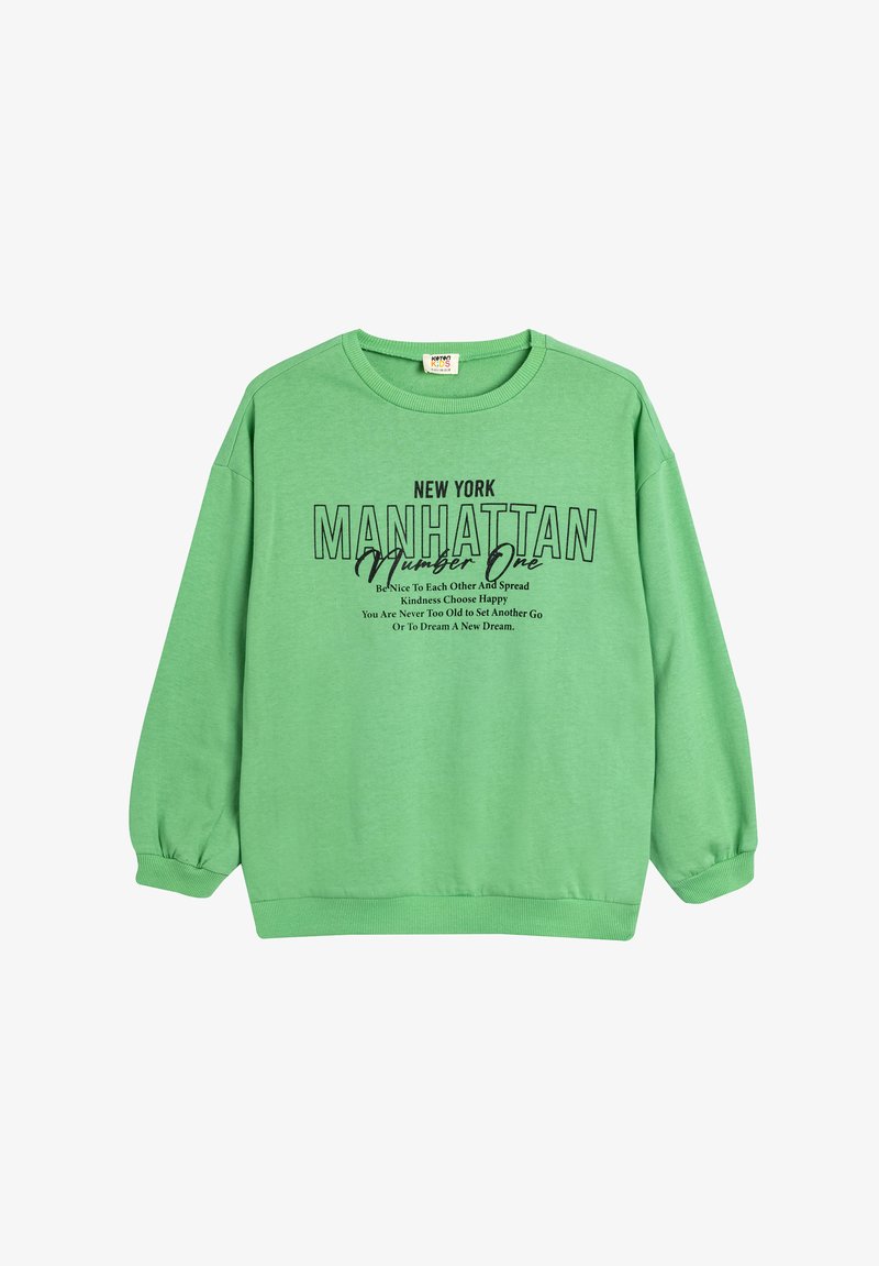 Felpa verde con scollo rotondo, polsini ed orlo elastici. Presenta testo stampato con la scritta "NEW YORK MANHATTAN Numero Uno" in nero.