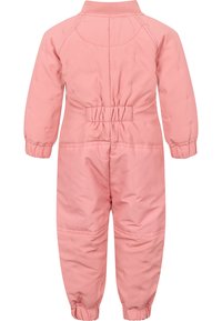 Pink insulated jumpsuit with a collar, elastic waist, and cuffed sleeves. Smooth texture with faint quilted stitching on the surface.