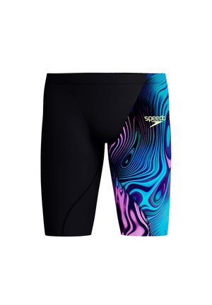Bañadores tipo jammer negros para hombre con un patrón de remolino azul, morado y rosa en la pierna derecha y el logo de Speedo en amarillo en el muslo.