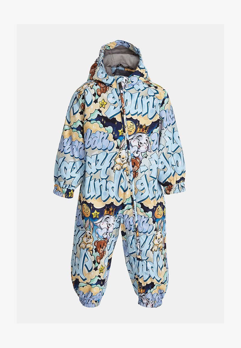 Krāsains bērnu sniedzis ar grafisku rakstu, kas attēlo dzīvniekus, mākoņus un izklaidīgu tekstu. Izgatavots no ūdensnecaurlaidīga materiāla, ietver kapuci.