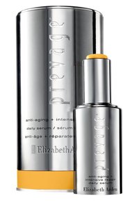 Silver cylindrisk flaska med ett gult lock, märkt "Prevage" av Elizabeth Arden, som betonar anti-aging och intensiv reparation.