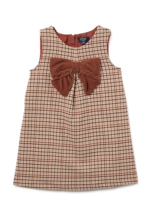 Vestido sin mangas a cuadros marrones y crema con un gran lazo de terciopelo marrón en la parte delantera y cremallera en la parte posterior. Textura suave.