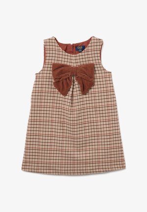 Braun- und cremefarben kariertes, ärmelloses Kleid mit einer großen, braunen Samt-Schleife vorne und einem Reißverschlussverschluss hinten. Weicher Stoff.