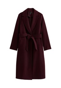 Cappotto in lana color bordeaux con rever a punta, maniche lunghe, due tasche frontali e una cintura in tessuto in vita. Tessuto liscio, design fino al ginocchio.