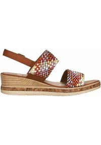 Sandale compensée pour femme avec brides multicolores tissées, bride en cuir marron à la cheville et semelle en liège à motif.