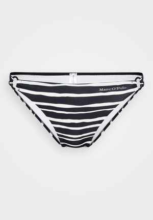 Svart og hvit stripete bikini-bunn laget av glatt stoff, med lavt liv og sømmerte kanter. Merkenavnet trykt på siden.