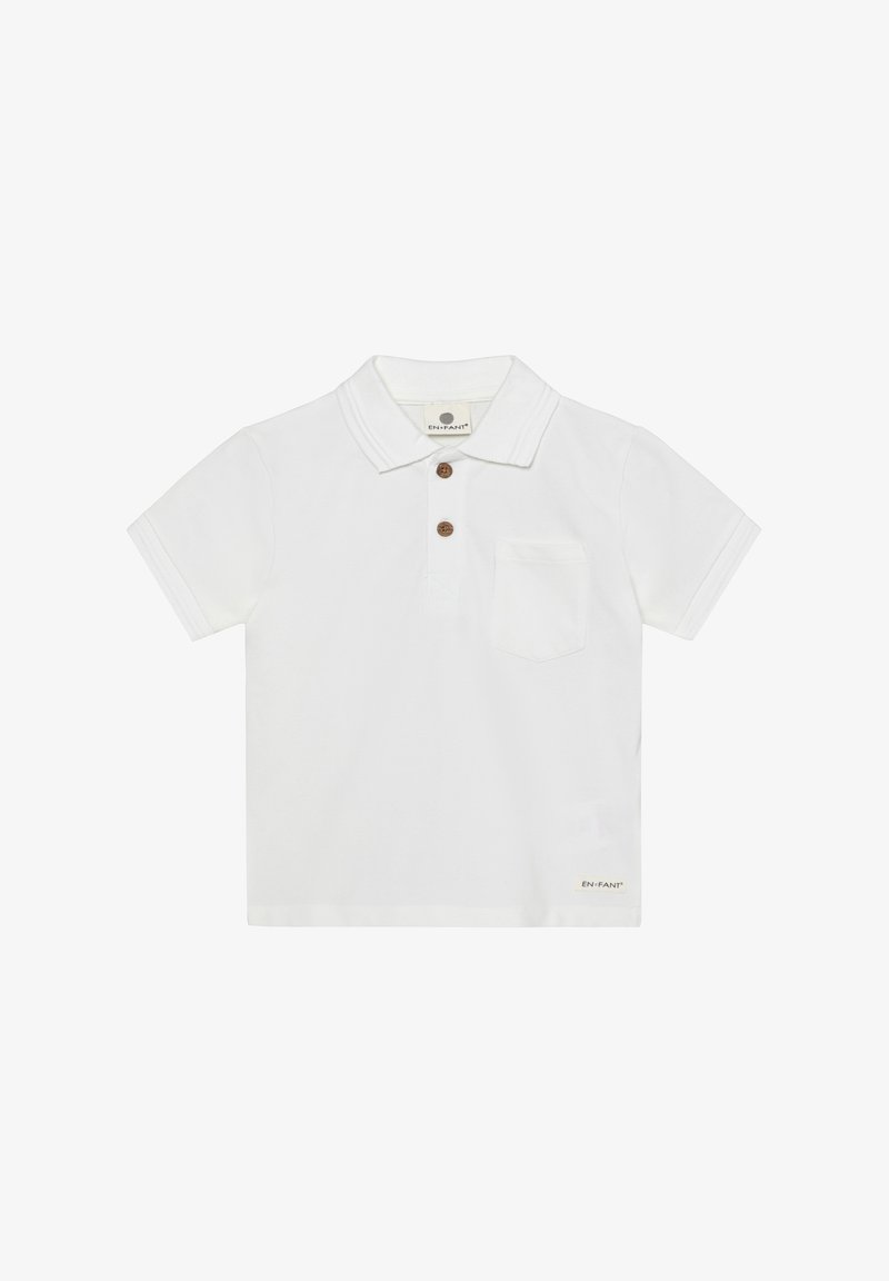 Biała koszulka polo z bawełny, z kołnierzykiem, trzema brązowymi guzikami i przednią kieszonką. Na dole mały logo "EN-FANT".