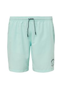 Licht mintgroene zwemshorts met een elastische tailleband, zwarte trekkoord, zijzakken en een klein logo dat op het onderbeen is gedrukt.