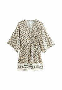 Kimono à enfiler en tissu léger avec un motif de feuilles répétitif noir et moutarde sur un fond crème. Noué à la taille.