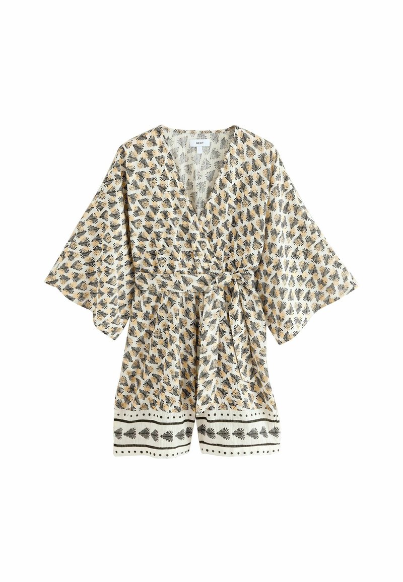 Kimono à enfiler en tissu léger avec un motif de feuilles répétitif noir et moutarde sur un fond crème. Noué à la taille.