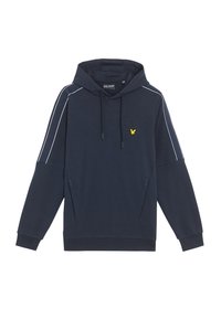 Felpa blu marina in misto cotone con tasca frontale, cappuccio con cordini e strisce laterali bianche a contrasto. Presenta un accento del logo giallo.