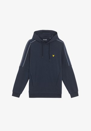 Mörkblå hoodie i bomullsblandning med en framlapp, dragsko i huven och kontrasterande vita sidostråkar. Har en gul logotypdetalj.