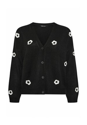 Cardigan lavorato a maglia nero con scollo a V, cinque bottoni e decorazioni a forma di fiore bianco sparse sul davanti. Tessuto a trama.