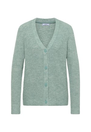 Un cardigan tricoté vert clair, avec un décolleté en V, des manches longues et cinq boutons sur le devant. Tissu texturé avec des accents côtelés.