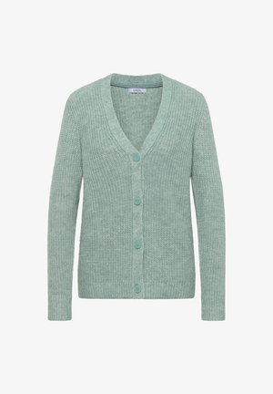 Un cardigan tricoté vert clair, avec un décolleté en V, des manches longues et cinq boutons sur le devant. Tissu texturé avec des accents côtelés.