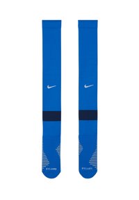Blauwe sportkousen gemaakt van flexibel materiaal. Kenmerkt zich door een contrasterende marineband, een wit logo en een gestructureerd patroon op het onderste deel.