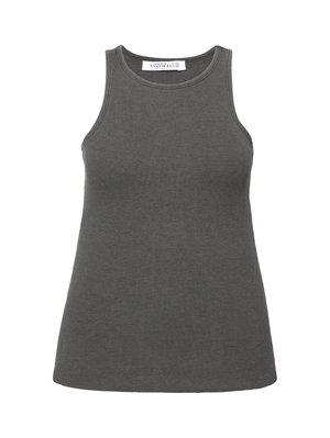 Grauer, gerippter Tanktop mit rundem Halsausschnitt und ärmellosem Design, das eine weiche Textur und eine eng anliegende Silhouette aufweist.