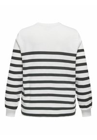 Sudadera de algodón con rayas horizontales en blanco y negro, cuello redondo, mangas largas y puños elásticos. Diseño liso en la parte posterior.