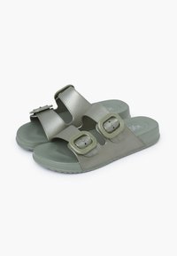 Green slide sandals with two adjustable buckles, made from synthetic material, featuring a cushioned sole and a textured footbed.