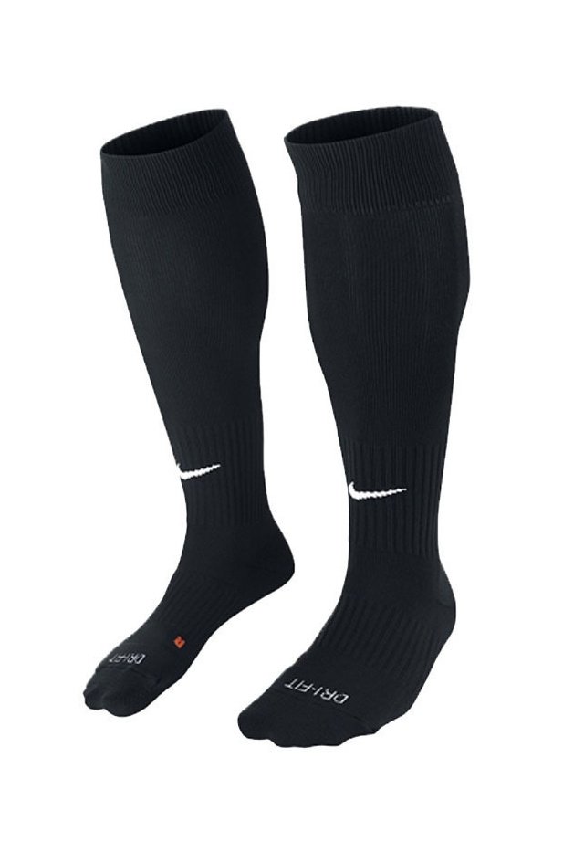 Schwarze Fußballsocken mit geripptem Muster und weißem Nike-Logo; knöchelhoch mit gepolstertem Fußbett und verstärktem Zehenbereich.