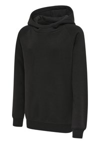 Felpa nera con cappuccio realizzata in tessuto morbido, caratterizzata da un collo a falda, maniche raglan e polsini a costine. Texture liscia, design minimale.