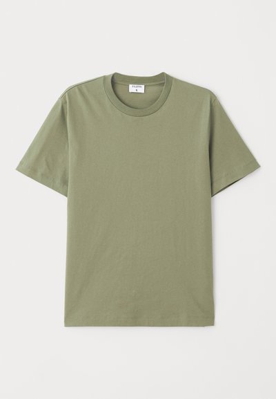 Olive green short-sleeve t-shirt crafted from soft cotton, featuring a round neckline and simple, clean design without patterns or accents.