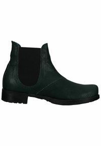 Botas de tobillo de cuero verde oscuro con paneles laterales elásticos, puntera redondeada y un bajo tacón de goma negra. Textura lisa con un mínimo de detalles.