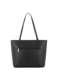 Sac fourre-tout en simili cuir noir avec deux poignées, poche avant zippée et forme rectangulaire structurée. Texture lisse, design minimaliste.