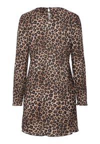 Šaty s leopardím potiskem, dlouhé rukávy, nařasená textura, měkká tkanina, zapínání na klíčovou dírku na zádech, kulatý výstřih, délka po kolena v béžových a černých odstínech.